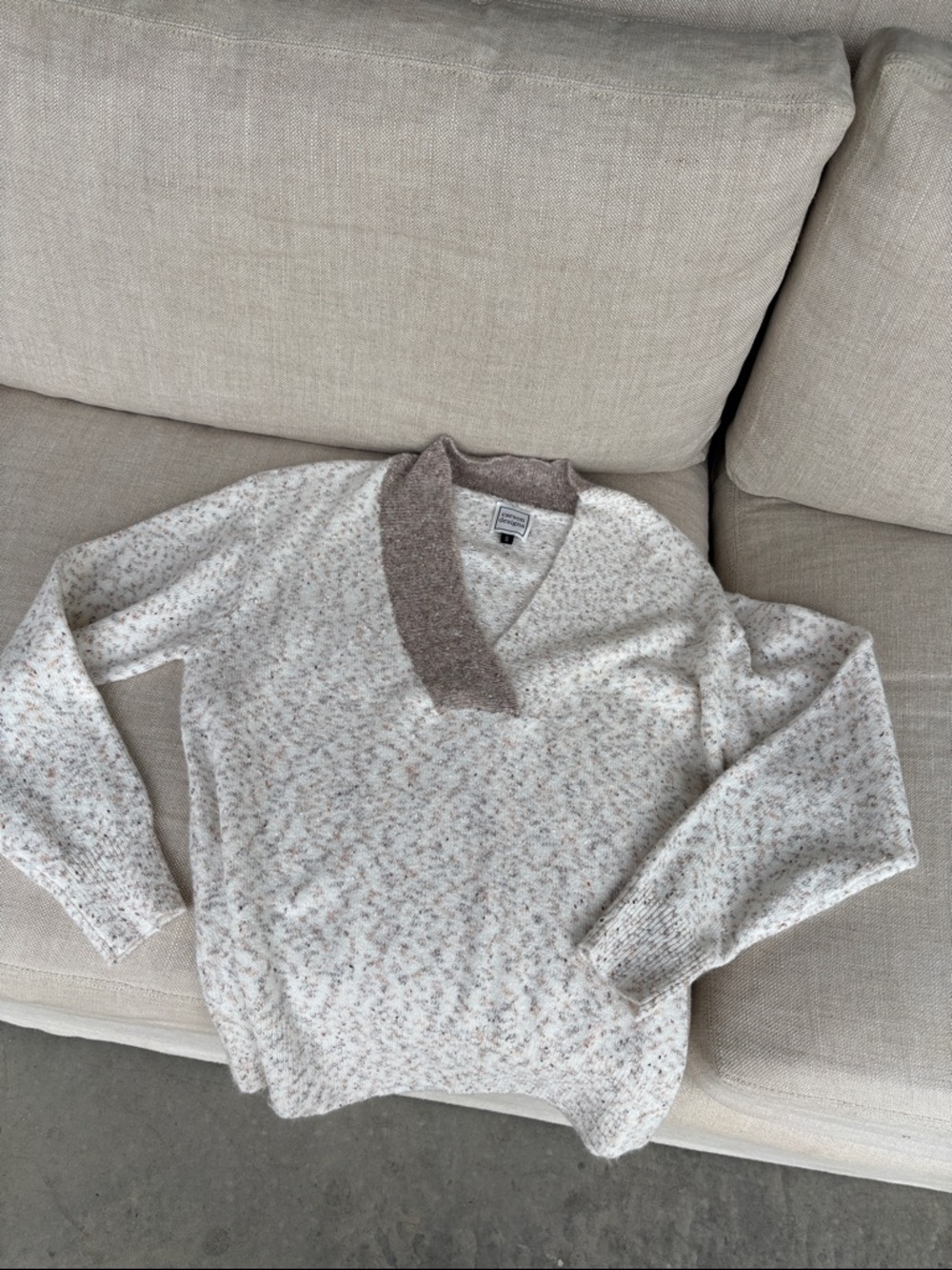 Neutral Speckled V-Neck Sweater with Contrast Collar (runs big)